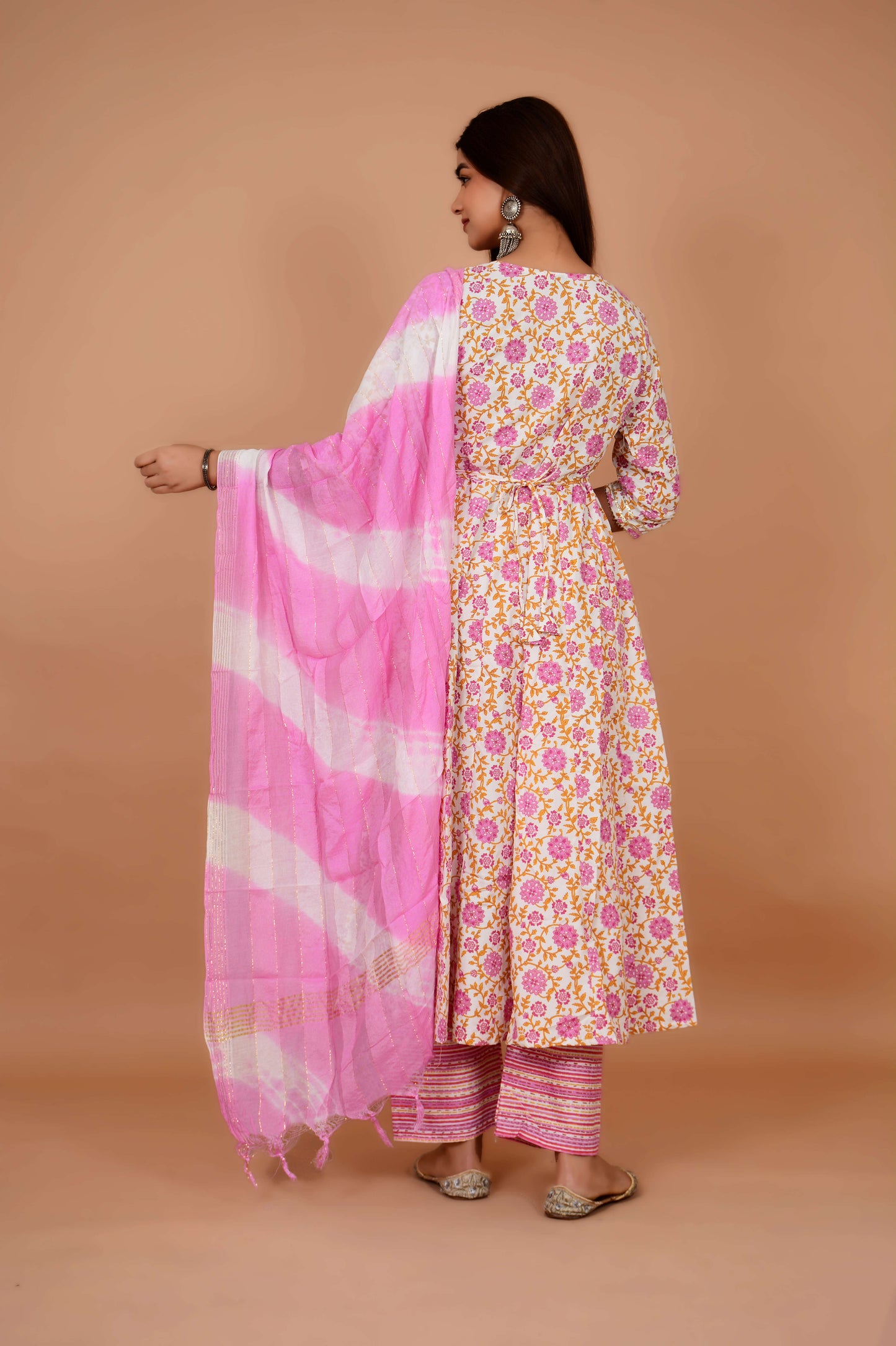 Pink Cotton Anarkali Kurti With Pant And Dupatta Set