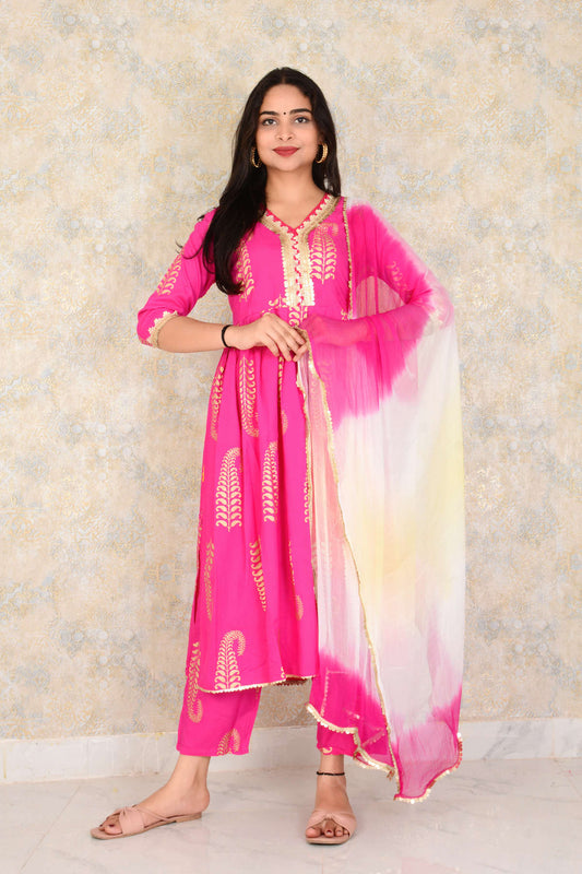 Pink Rayon Fabric Golden Print Alia Cut Kurti Pant And Shiffin Dupatta Set