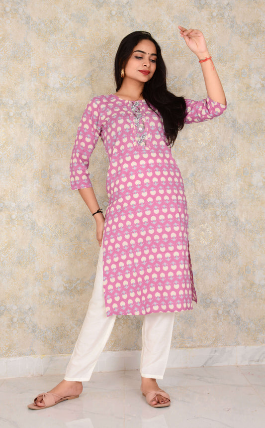 Premium Cotton Fabric Printed Single Kurti With Embroidery Work