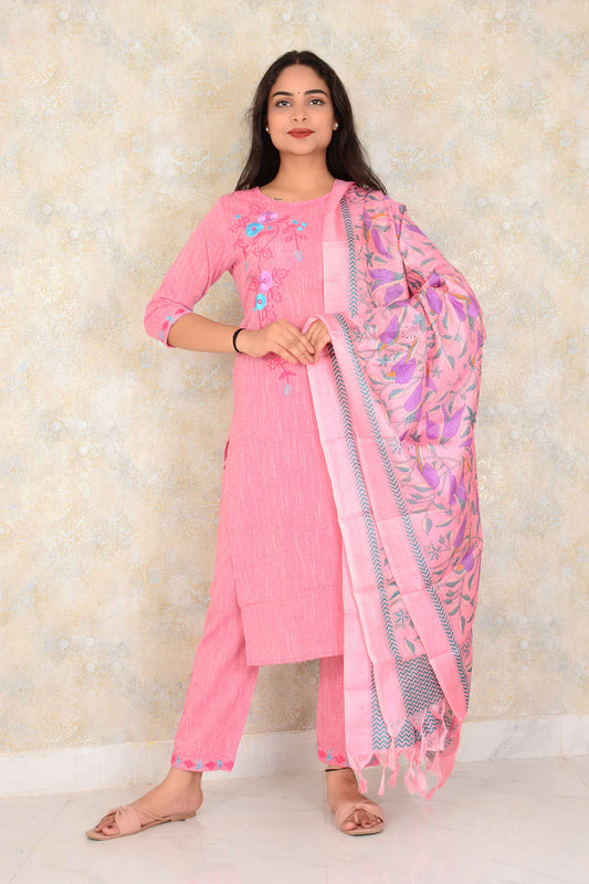 Premium South Cotton Straight Kurti Pant And Printed Silk Dupatta Set