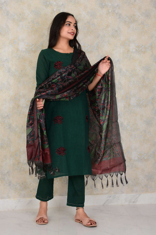 Premium South Cotton Straight Kurti Pant And Printed Silk Dupatta Set