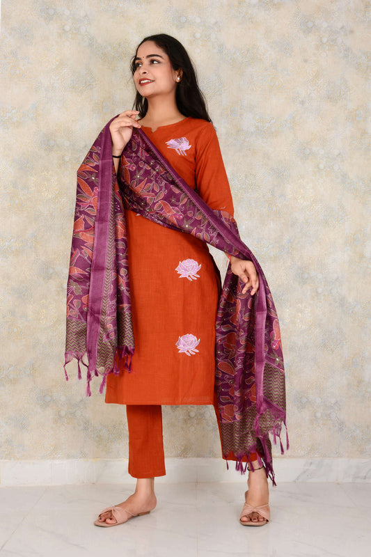 Premium South Cotton Straight Kurti Pant And Printed Silk Dupatta Set