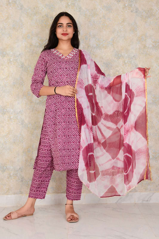 Printed Cotton Straight Embroidery Work Kurti Pant And Shiffon Dupatta Set