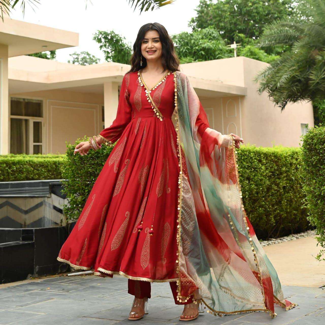 Red Rayon Fabric Anarkali Gown with pant and dupatta