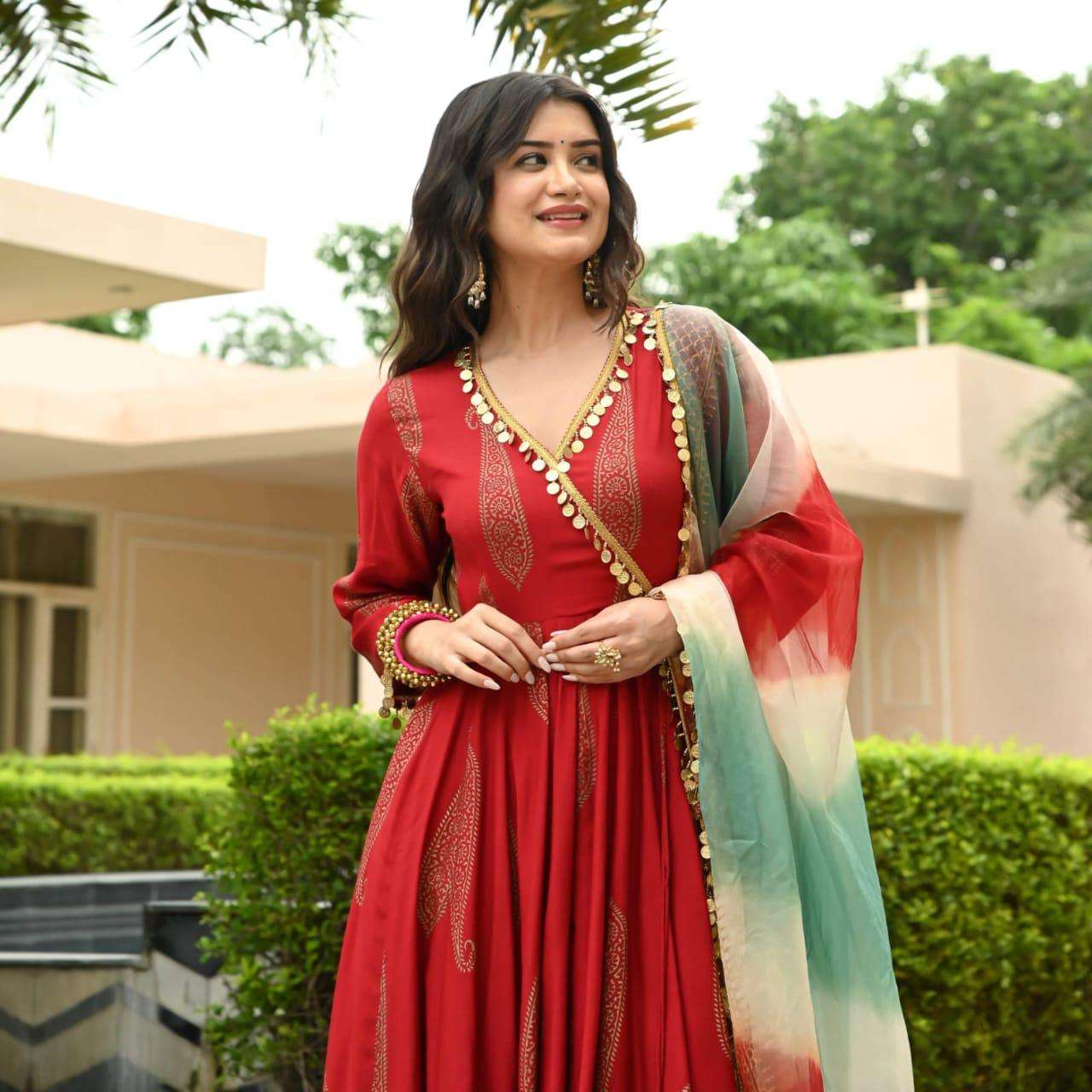 Red Rayon Fabric Anarkali Gown with pant and dupatta