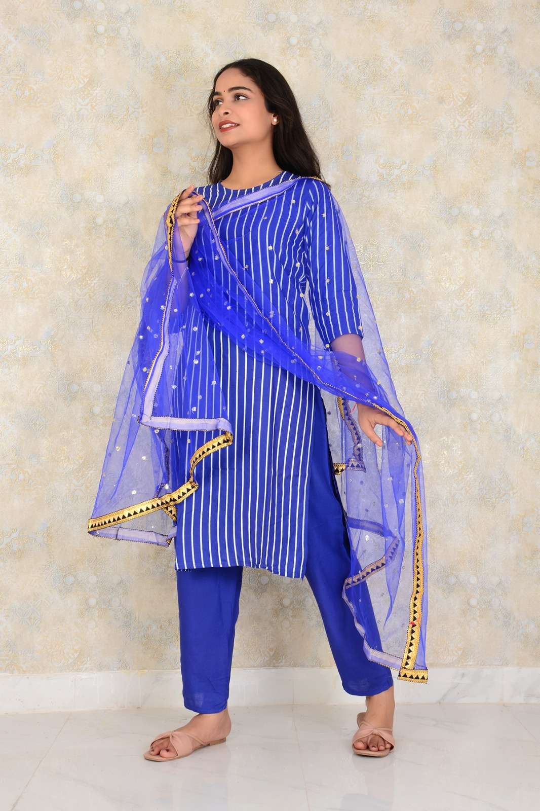 Rayon Blue Straight Kurti Pant And Net Dupatta With Lace 3 Peice Set