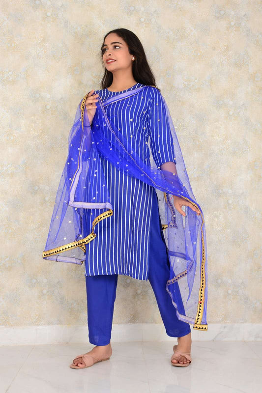 Rayon Blue Straight Kurti Pant And Net Dupatta With Lace 3 Peice Set