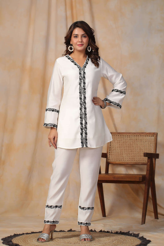 White Rayon Embroide Cord-Set