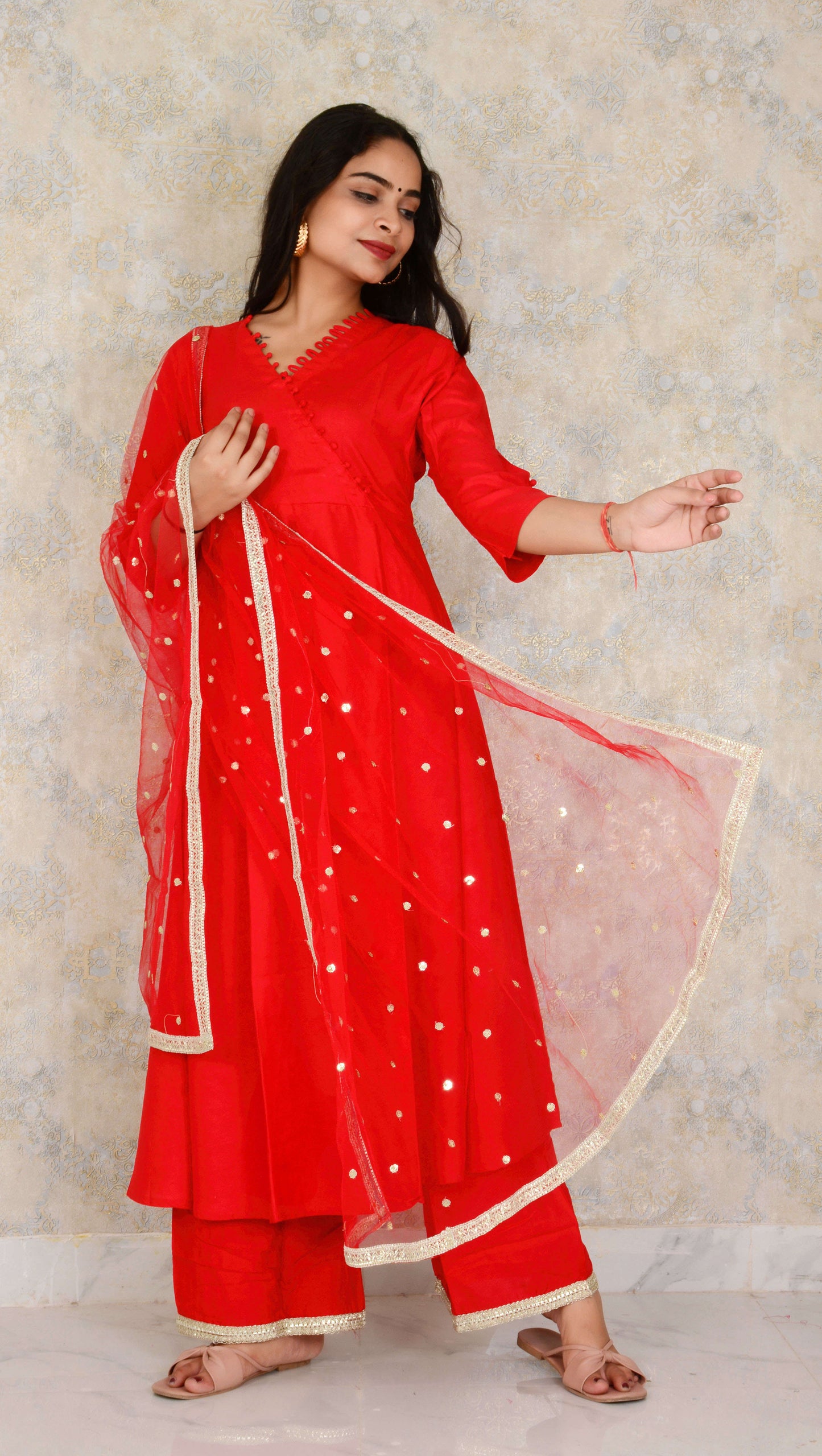 Red Rayon Fabric Kurti Pant With Lace Work Net Dupatta Suit Set