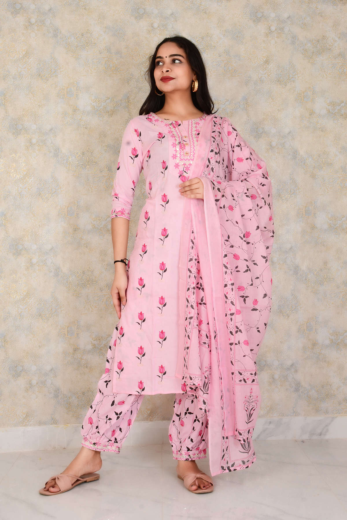 Stylish Cotton Fabric With Embroidery Work Straight Kurti Pant And Printed Dupatta Set