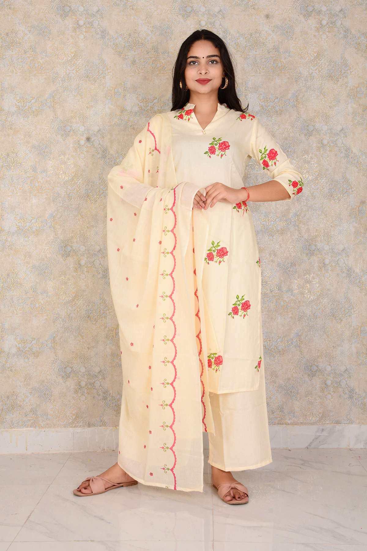 Stylish Cotton Fabric With Floral Print Straight Kurti Pant And Dupatta Suit Set