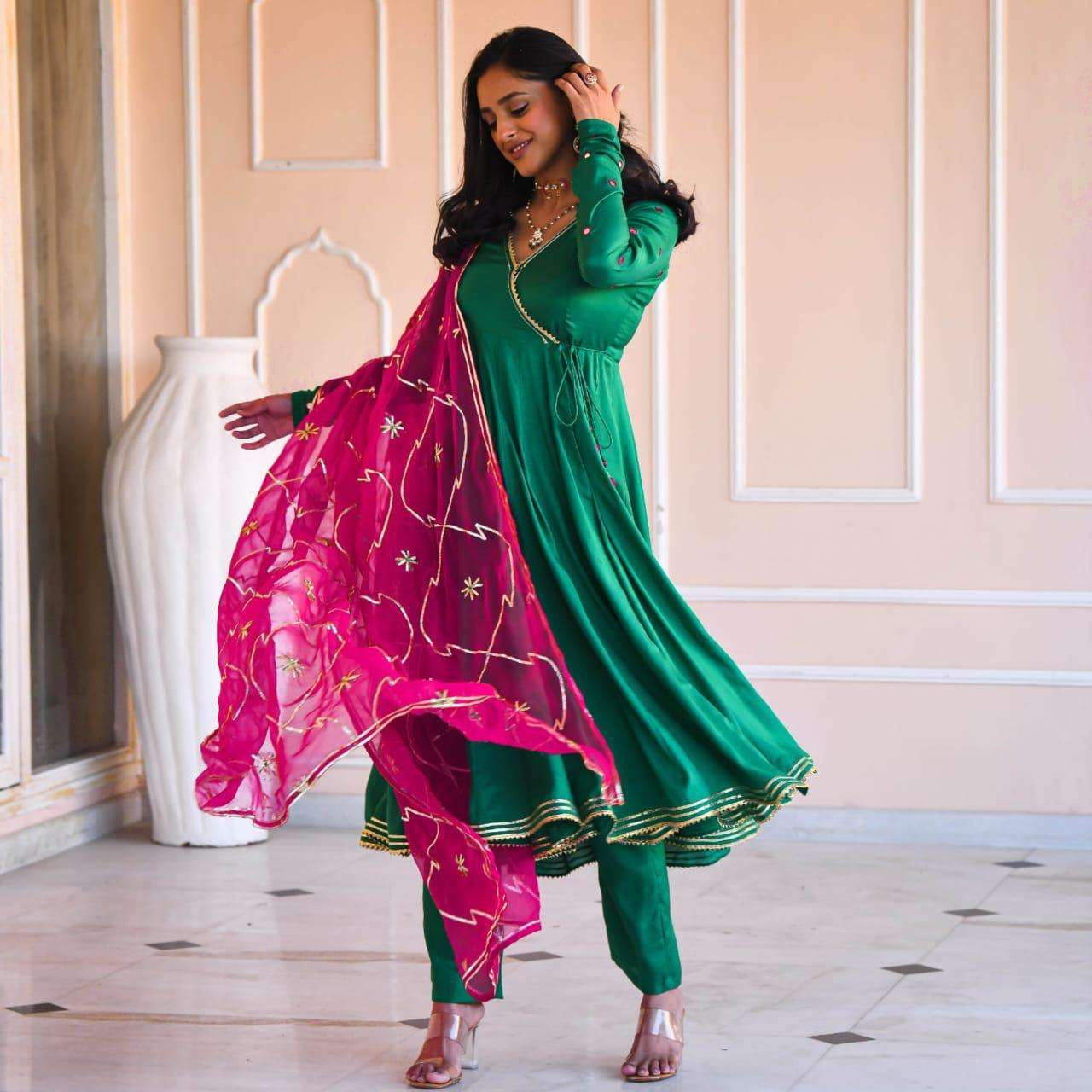 Green Rayon Fabric Anarkali Gown with pant and dupatta