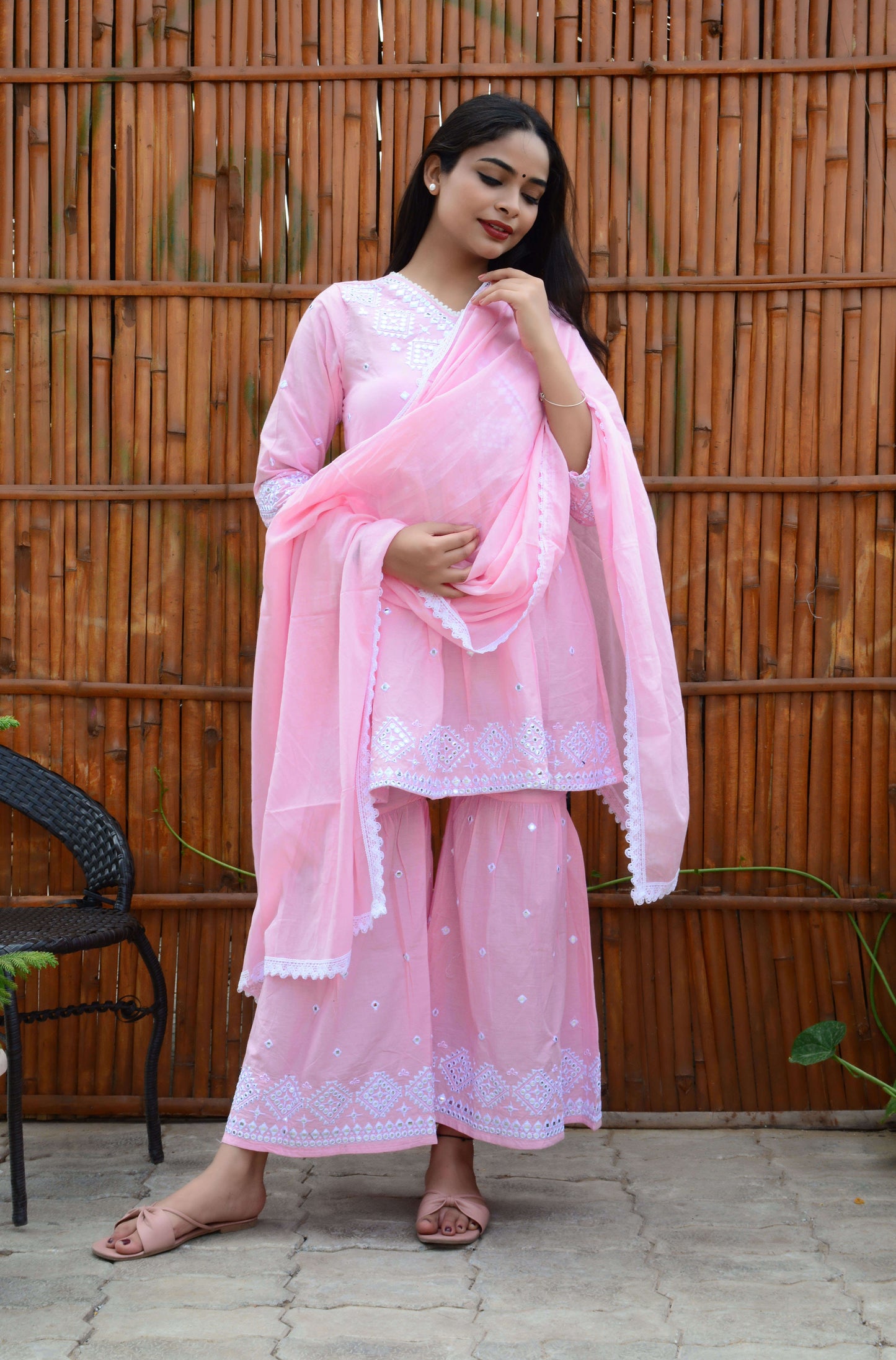 Wedding Wear Pink Cotton Mirror Embroidery Work Kurti Pant and Dupatta Set