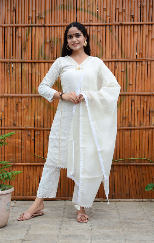 White Cotton Chickenkari Straight Kurti Pant and Dupatta Set