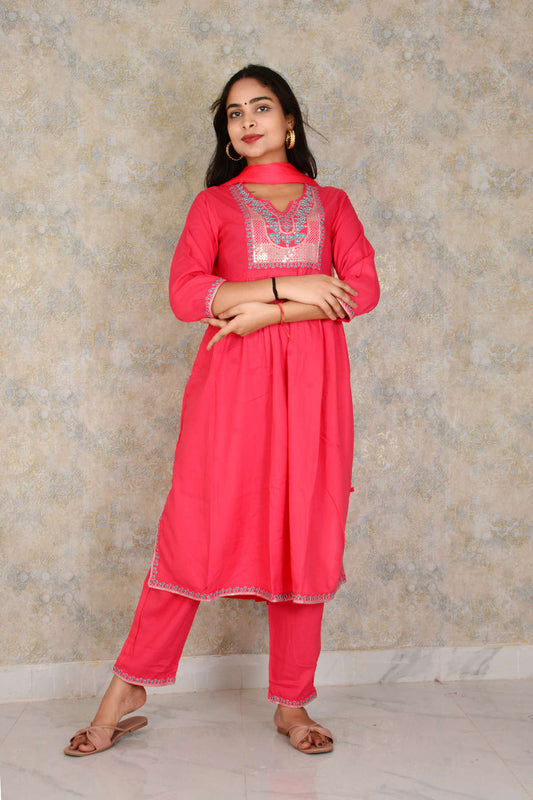 Women Red Embroidery Rayon Fabric Anarkali Kurti Pant And Dupatta Suit Set