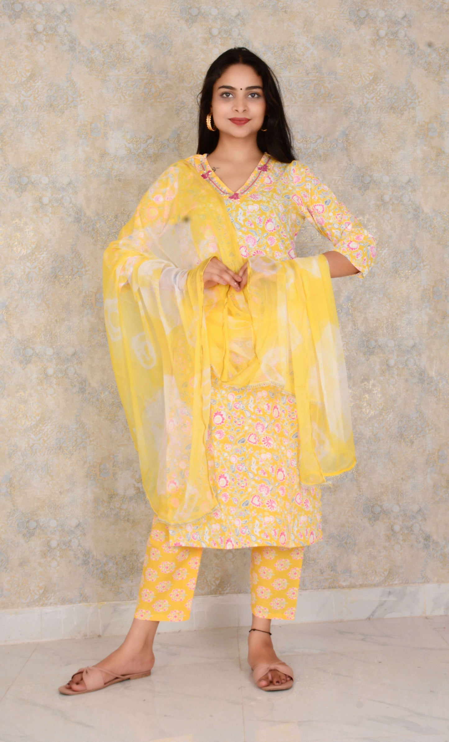 Yellow Cotton Printed Embroidery Work Kurti Pant With Dupatta Set