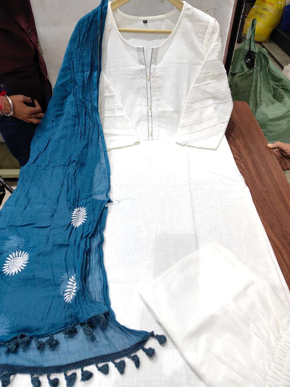 White Pure Cotton Straight Kurti With Pant And Dupatta Set