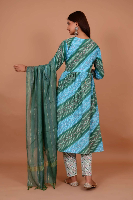 Sky Blue Cotton Naira Cut Kurti With Pant And Dupatta Set